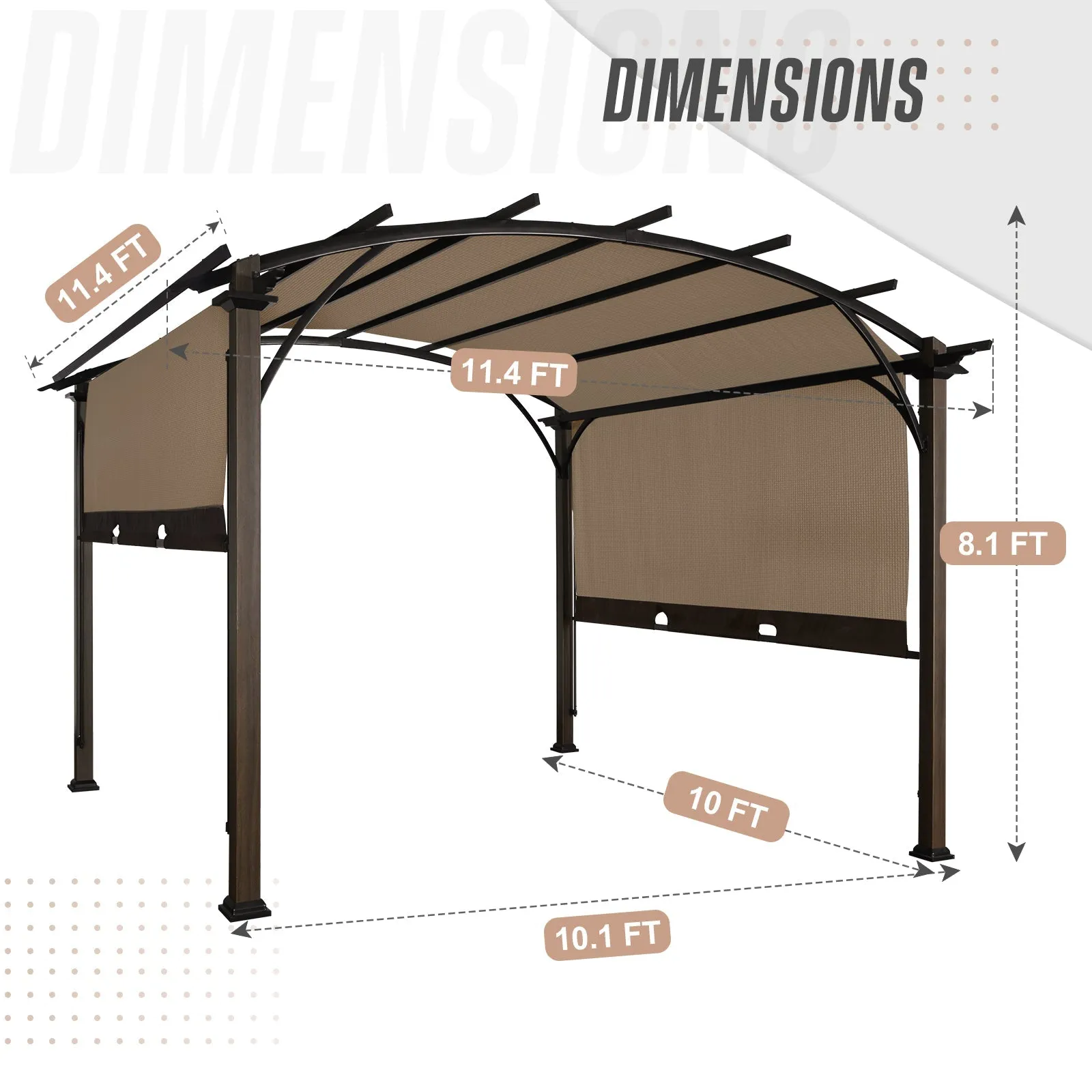11.4x11.4 Outdoor Pergola with Retractable Textilene Sun Shade Top