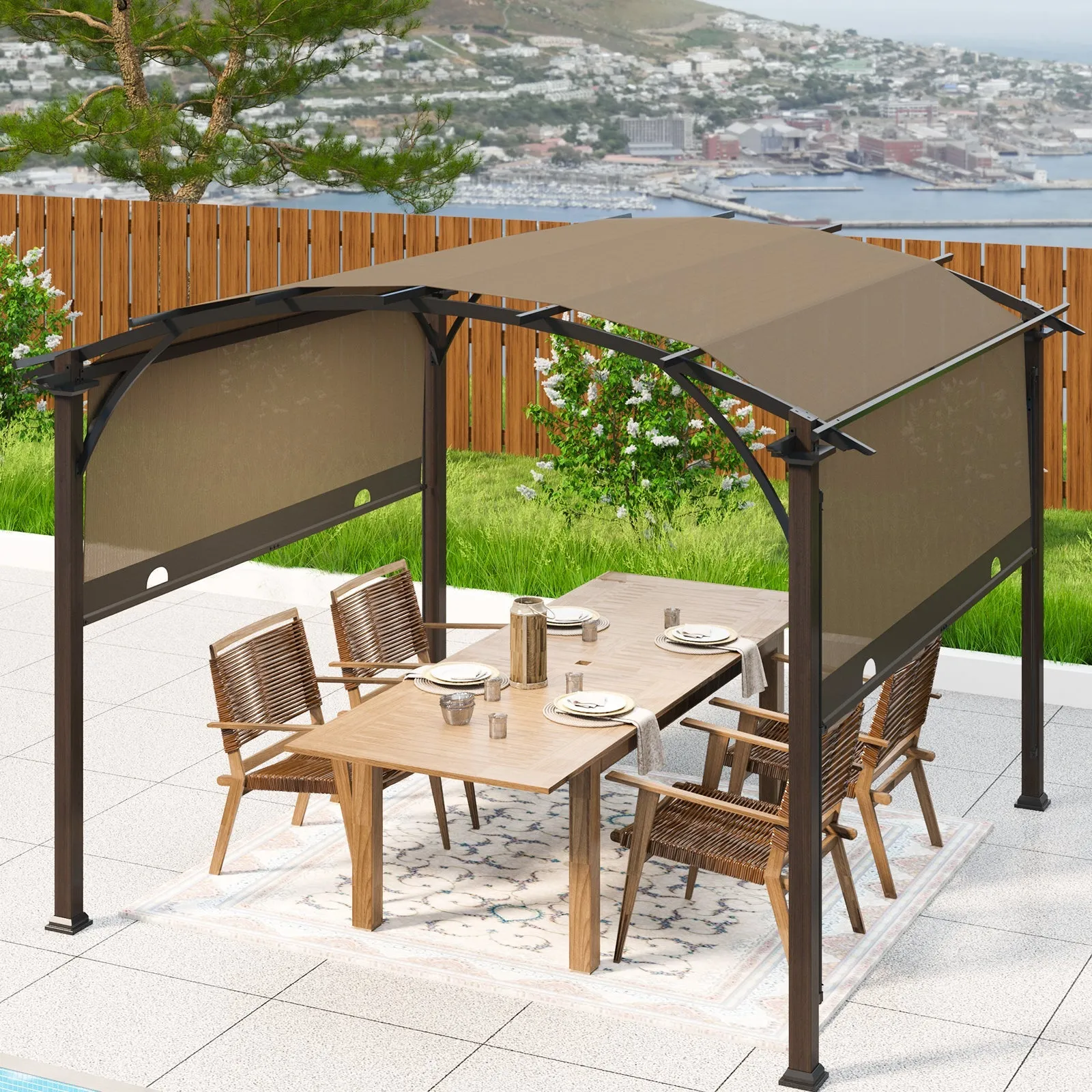 11.4x11.4 Outdoor Pergola with Retractable Textilene Sun Shade Top
