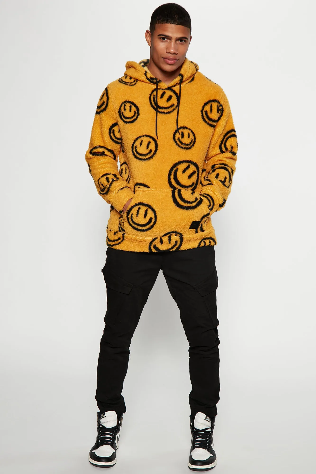 All Over Smiley Sherpa Hoodie - Mustard