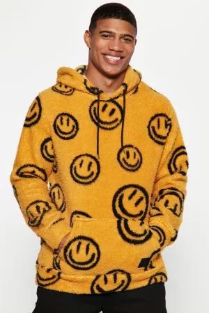 All Over Smiley Sherpa Hoodie - Mustard