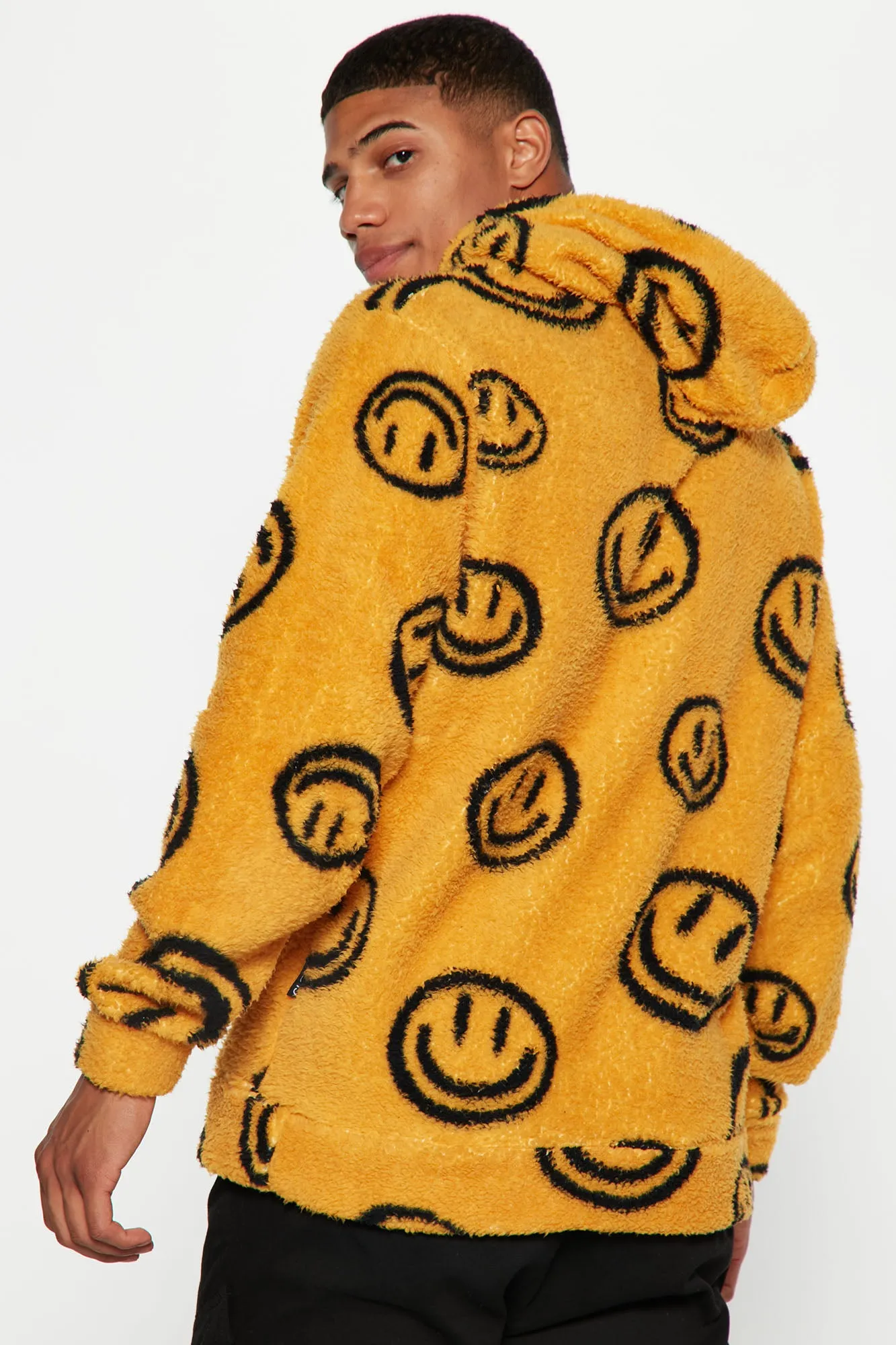 All Over Smiley Sherpa Hoodie - Mustard