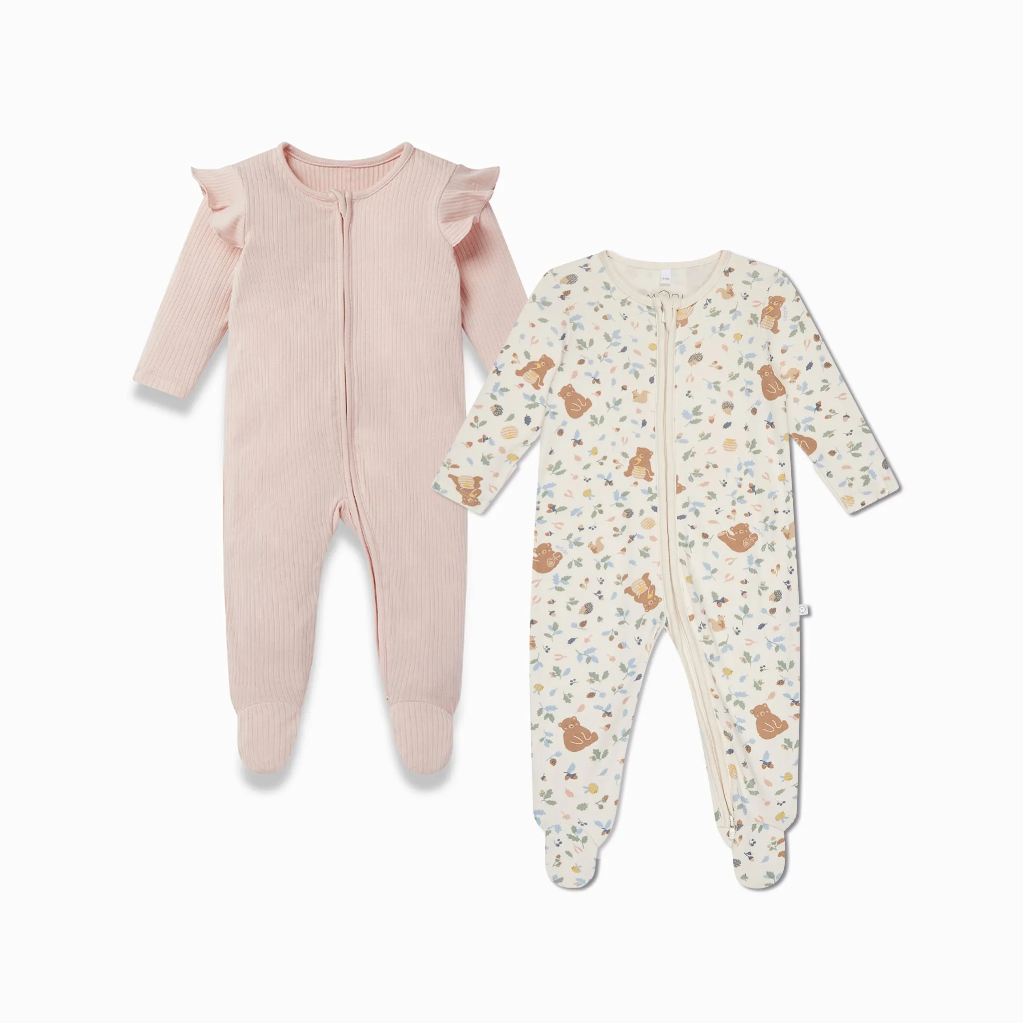 Bear Print & Frilled Ribbed Clever Zip Sleepsuit 2 Pack