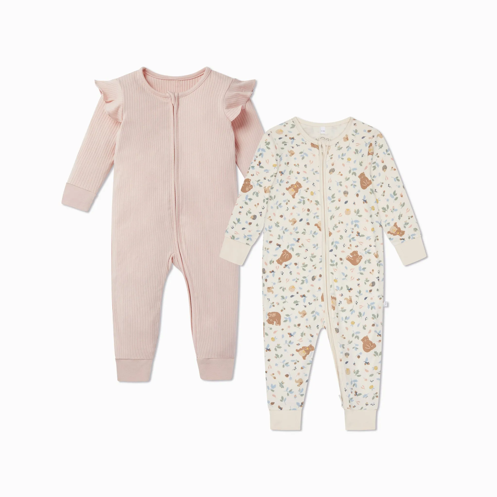 Bear Print & Frilled Ribbed Clever Zip Sleepsuit 2 Pack