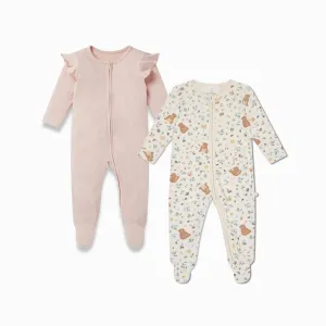 Bear Print & Frilled Ribbed Clever Zip Sleepsuit 2 Pack