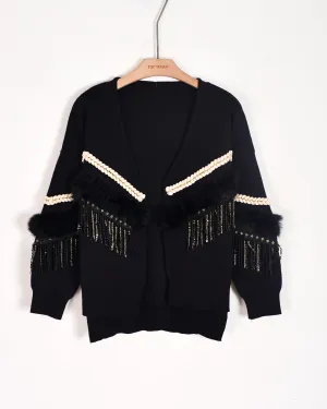 Black Cropped Cardigan with Tassel Fringe & Faux Fur