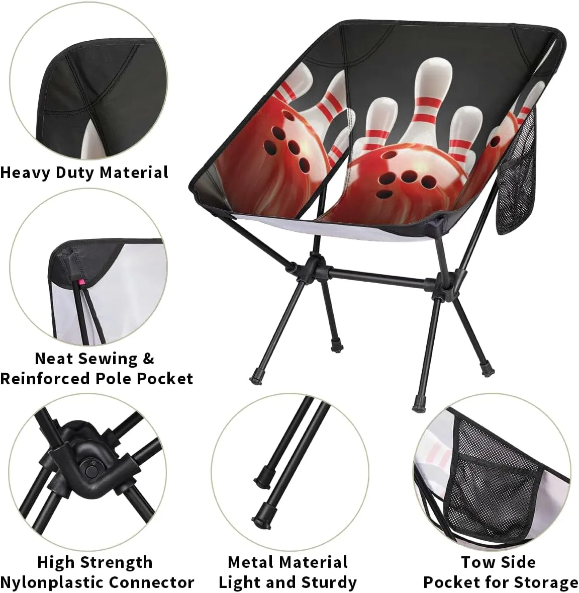 Bowling Ball Sports Theme Camping Chair Lightweight Folding Chair Portable Compact for Outdoor, Travel, Beach, Hiking Backpacking