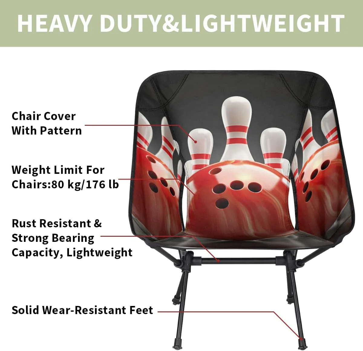 Bowling Ball Sports Theme Camping Chair Lightweight Folding Chair Portable Compact for Outdoor, Travel, Beach, Hiking Backpacking