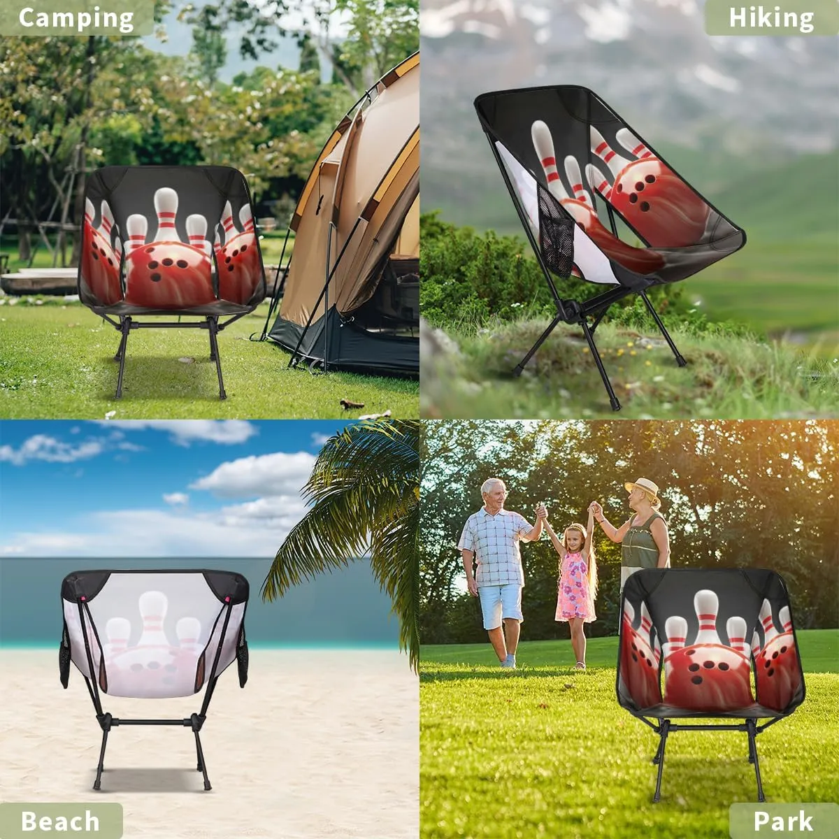 Bowling Ball Sports Theme Camping Chair Lightweight Folding Chair Portable Compact for Outdoor, Travel, Beach, Hiking Backpacking