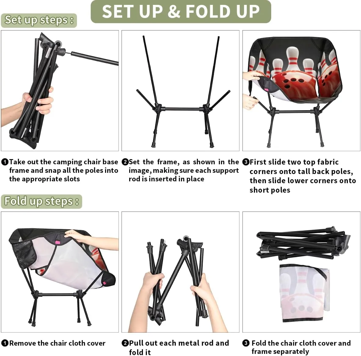 Bowling Ball Sports Theme Camping Chair Lightweight Folding Chair Portable Compact for Outdoor, Travel, Beach, Hiking Backpacking