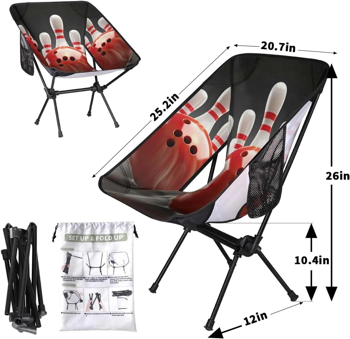 Bowling Ball Sports Theme Camping Chair Lightweight Folding Chair Portable Compact for Outdoor, Travel, Beach, Hiking Backpacking