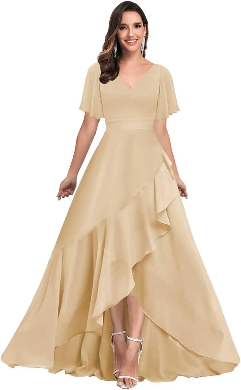 Bridesmaid Dresses for Women Modest V Neck Short Sleeve A Line Chiffon Ruffled Hemline Prom Dress Formal Gown
