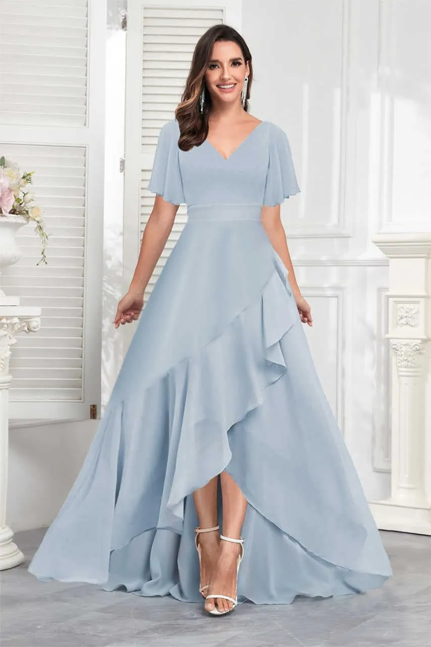 Bridesmaid Dresses for Women Modest V Neck Short Sleeve A Line Chiffon Ruffled Hemline Prom Dress Formal Gown