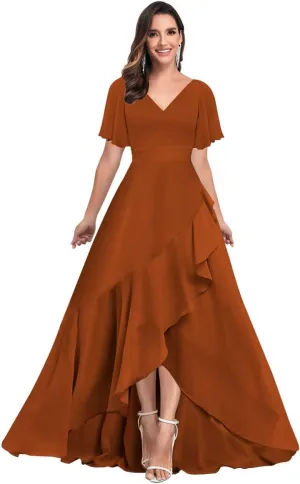 Bridesmaid Dresses for Women Modest V Neck Short Sleeve A Line Chiffon Ruffled Hemline Prom Dress Formal Gown