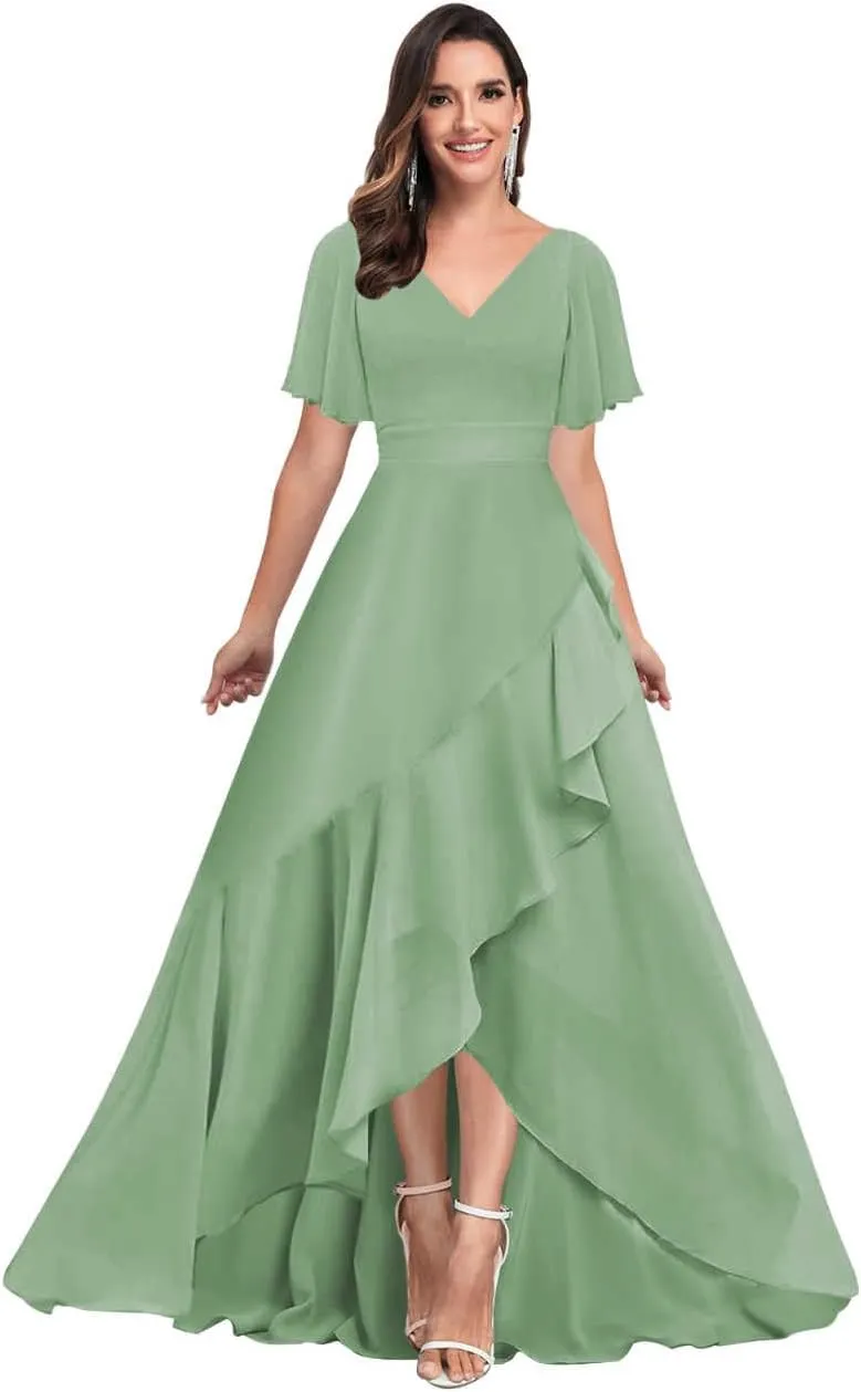 Bridesmaid Dresses for Women Modest V Neck Short Sleeve A Line Chiffon Ruffled Hemline Prom Dress Formal Gown