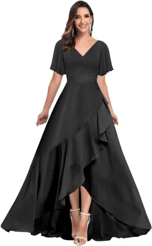 Bridesmaid Dresses for Women Modest V Neck Short Sleeve A Line Chiffon Ruffled Hemline Prom Dress Formal Gown