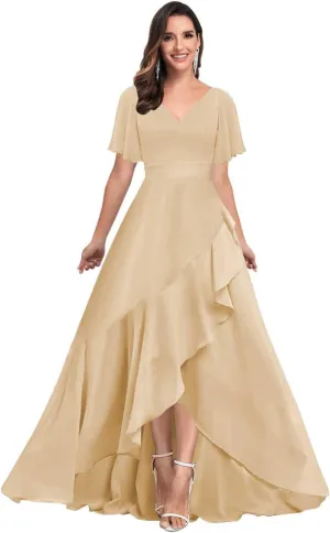 Bridesmaid Dresses for Women Modest V Neck Short Sleeve A Line Chiffon Ruffled Hemline Prom Dress Formal Gown