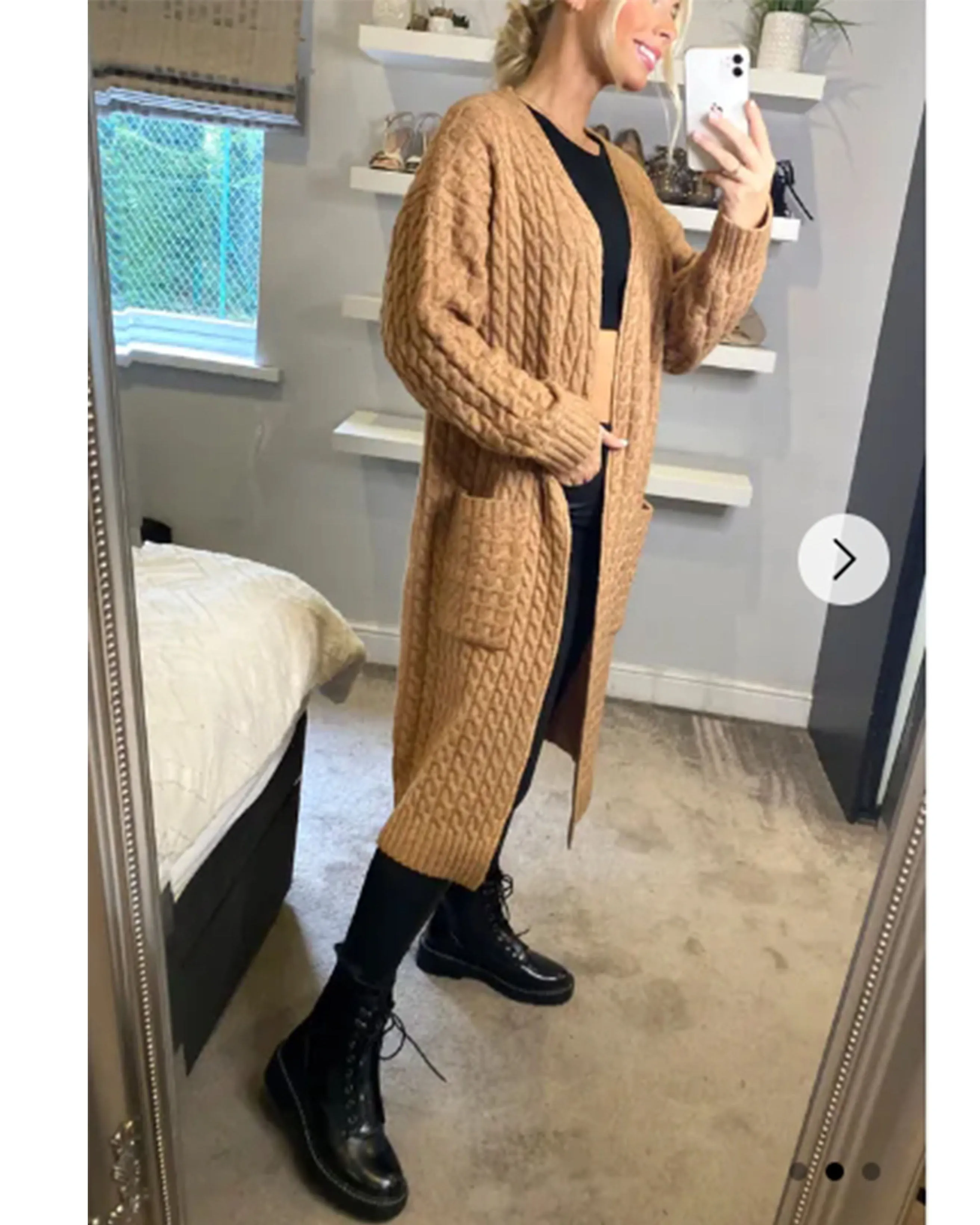 Cable knit design wool-blended long oversized cardigan in Beige
