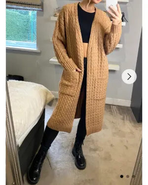 Cable knit design wool-blended long oversized cardigan in Beige