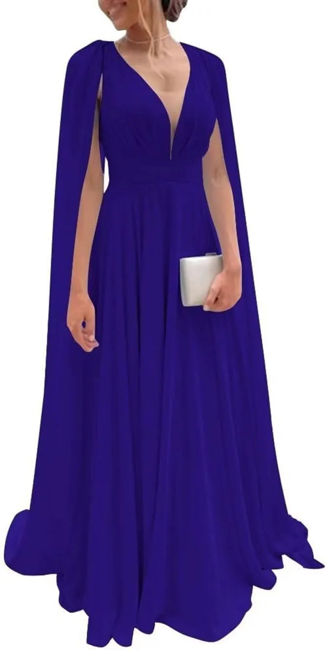 Cape Sleeve Bridesmaid Dresses for Wedding A Line Pleated Prom Dress Chiffon V Neck Formal Evening Gown Royal Blue 20W
