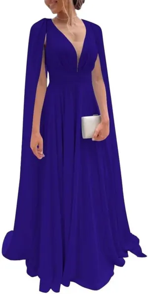 Cape Sleeve Bridesmaid Dresses for Wedding A Line Pleated Prom Dress Chiffon V Neck Formal Evening Gown Royal Blue 20W