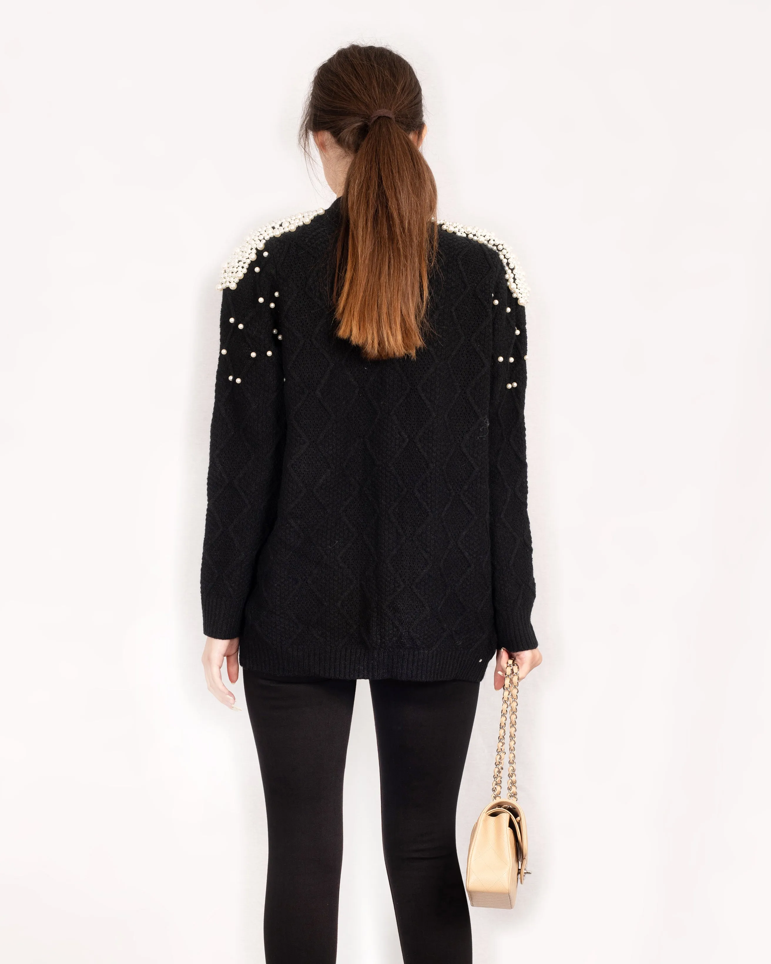Cardigan with pearl embellishment on shoulder in black