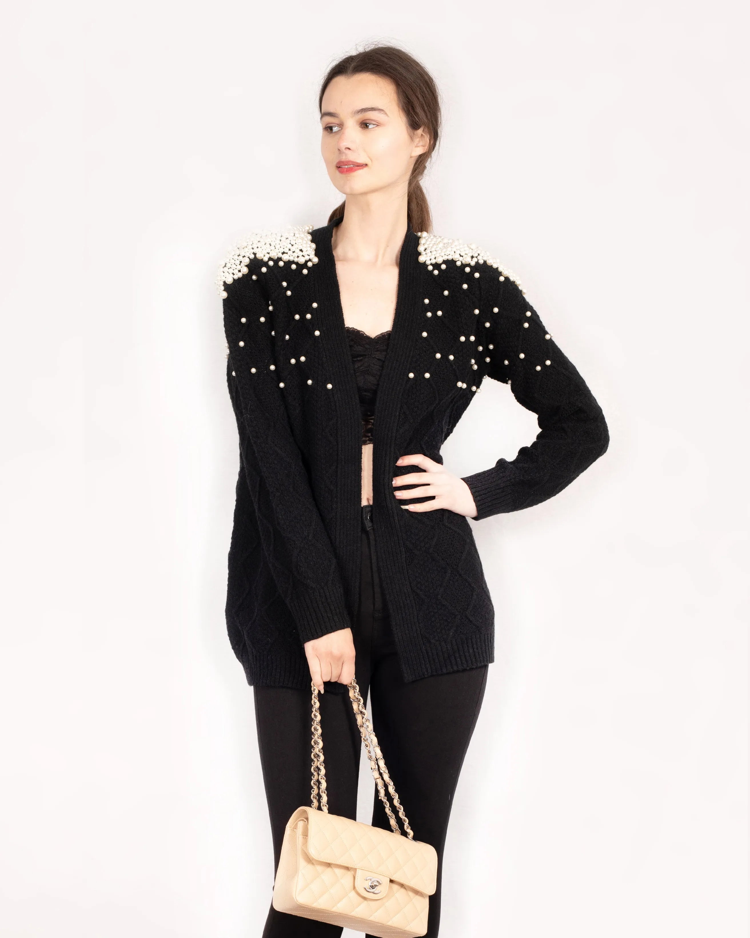 Cardigan with pearl embellishment on shoulder in black