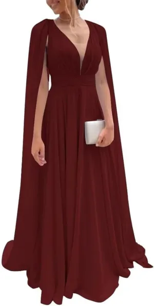Chiffon Bridesmaid Dresses A Line Cape Sleeve Prom Dress V Neck Formal Evening Gown