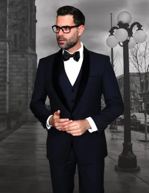Contempo Contrast V-Neck  3pc Italian Suit Set - Navy