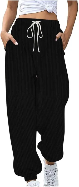 Corduroy Pants Women Vintage Stretch Elastci High Waits Pants Cinch Bottom Sweatpants Casual Drawstring Baggy Pants
