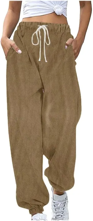 Corduroy Pants Women Vintage Stretch Elastci High Waits Pants Cinch Bottom Sweatpants Casual Drawstring Baggy Pants