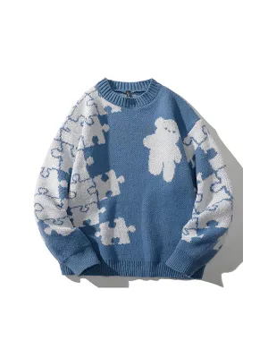 Crew Neck Sweater Men'S Winter Thickening Jacquard Pullover Casual Men Loose Knitted Sweater