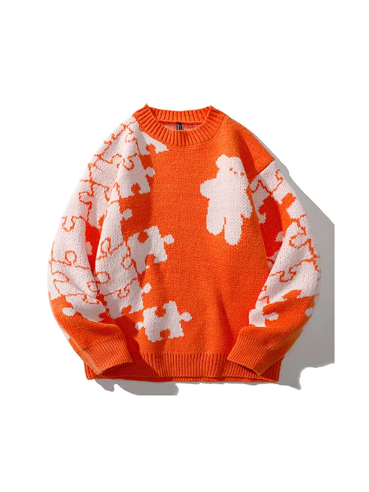 Crew Neck Sweater Men'S Winter Thickening Jacquard Pullover Casual Men Loose Knitted Sweater