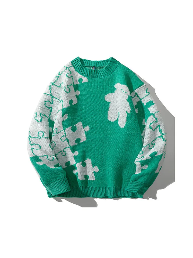 Crew Neck Sweater Men'S Winter Thickening Jacquard Pullover Casual Men Loose Knitted Sweater