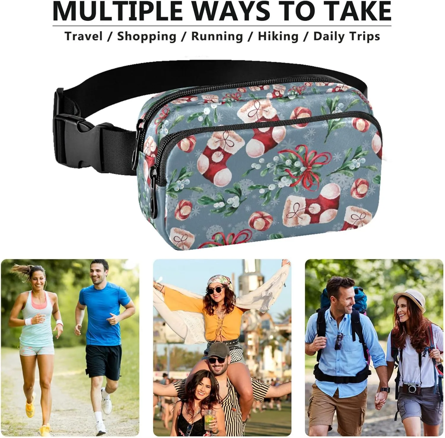 Custom Bright Christmas Sock Fir Fanny Packs Women Hip Pack Belt Bag Waterproof Fashion Waist Purse for Women