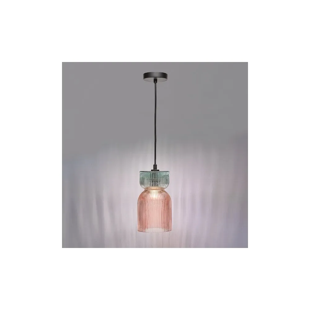 Dar RHU0103 Rhubarb Pendant Pink and Green Ribbed Glass