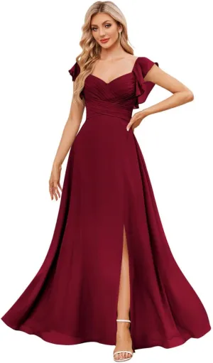 Fancy Bridesmaid Dresses for Women V Neck Ruffled Sleeve A Line Chiffon Long Prom Dress Formal Gown with Slit