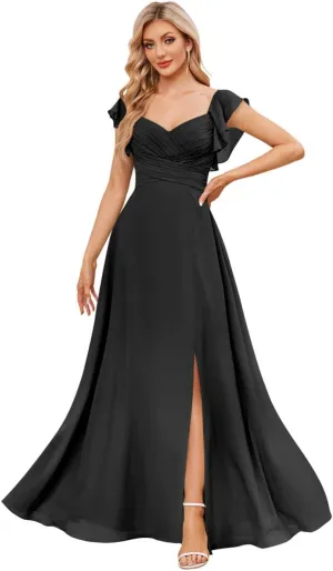 Fancy Bridesmaid Dresses for Women V Neck Ruffled Sleeve A Line Chiffon Long Prom Dress Formal Gown with Slit