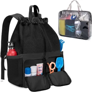 Fasrom Mesh Beach Bag Backpack with Waterproof Bag and Pocket, Large Drawstring Swim Backpack for Travel, Gym and Pool Sports