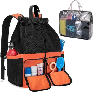 Fasrom Mesh Beach Bag Backpack with Waterproof Bag and Pocket, Large Drawstring Swim Backpack for Travel, Gym and Pool Sports