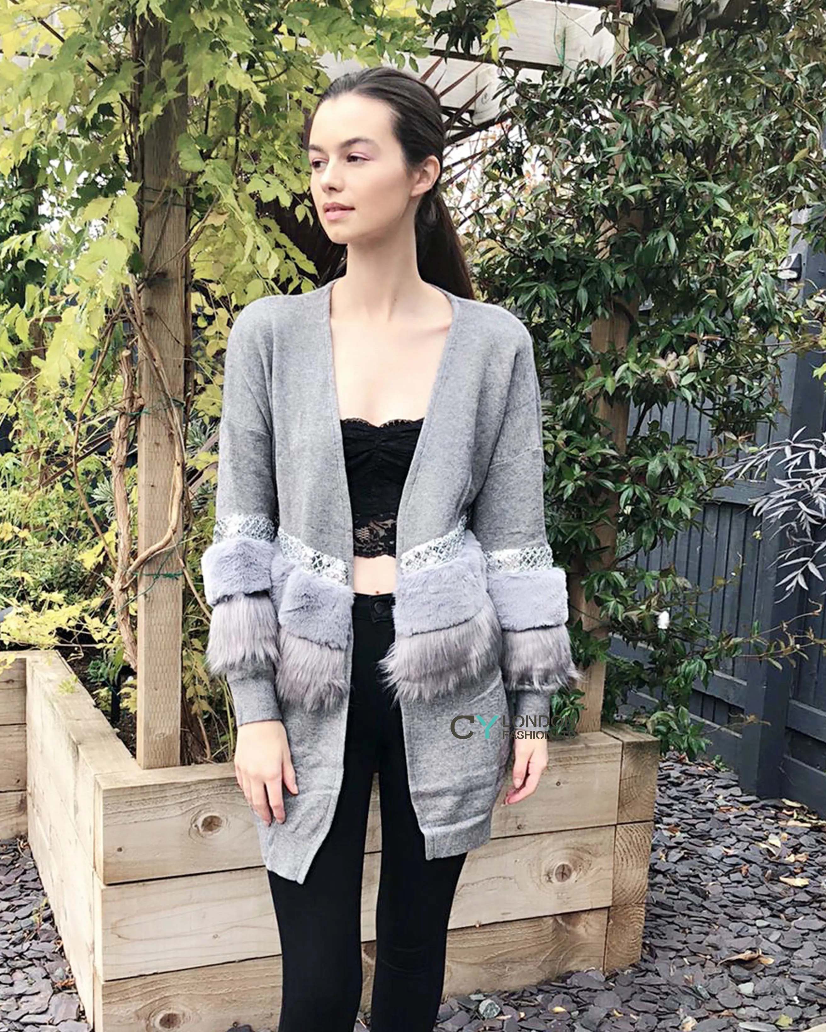 faux fur embllished with sequin design oversized cardigan