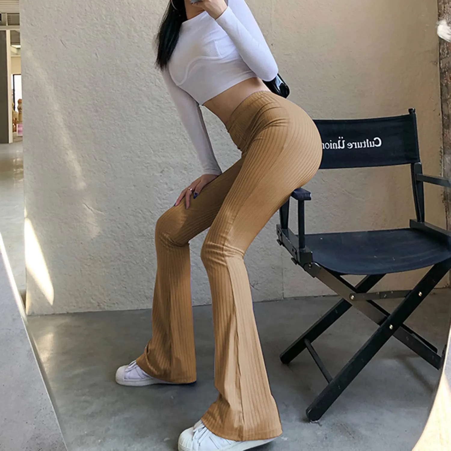 Flare Pants for Women Ribbed Stretch Leggings High Waisted Bell Bottom Yoga Lounge Trousers Y2K Pants