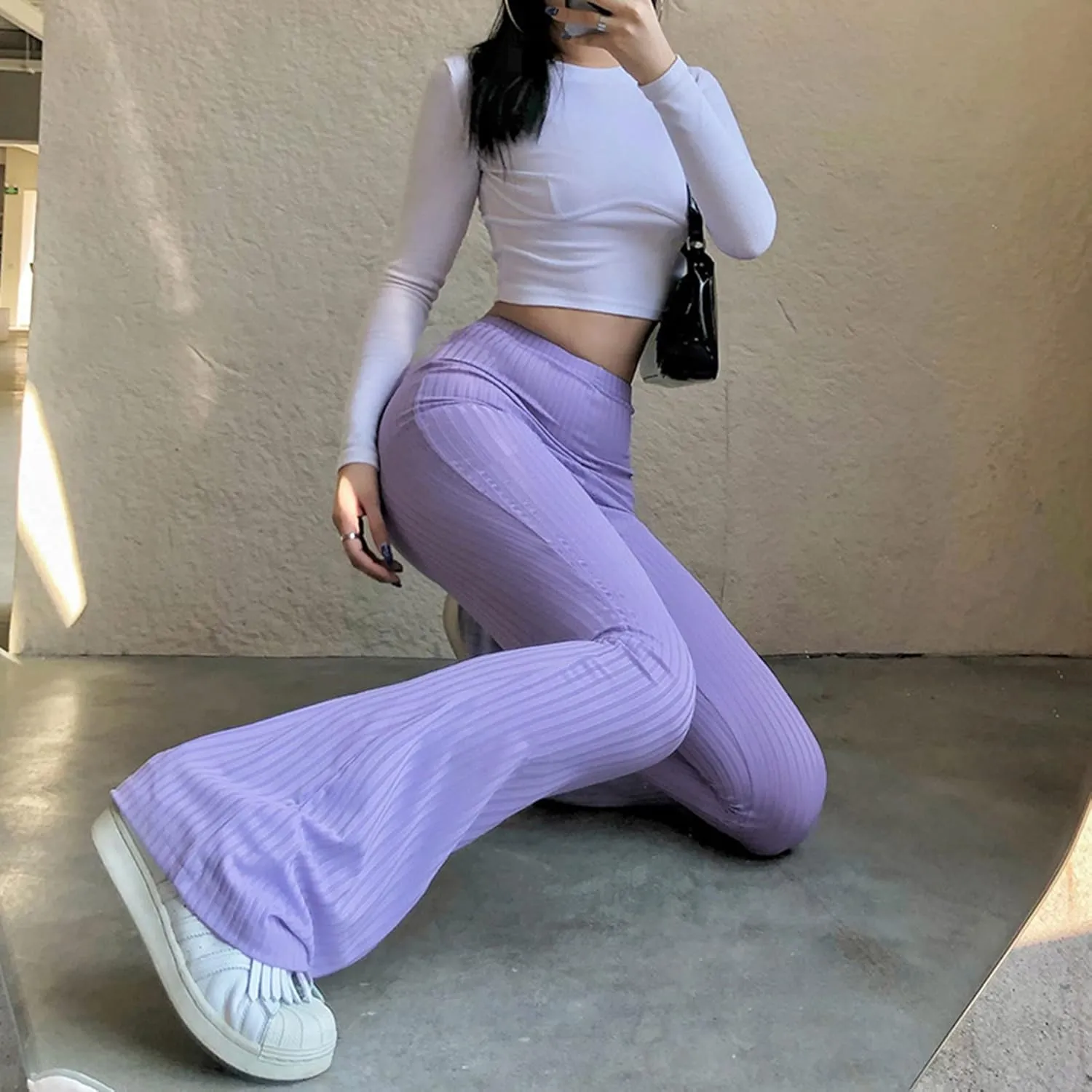 Flare Pants for Women Ribbed Stretch Leggings High Waisted Bell Bottom Yoga Lounge Trousers Y2K Pants