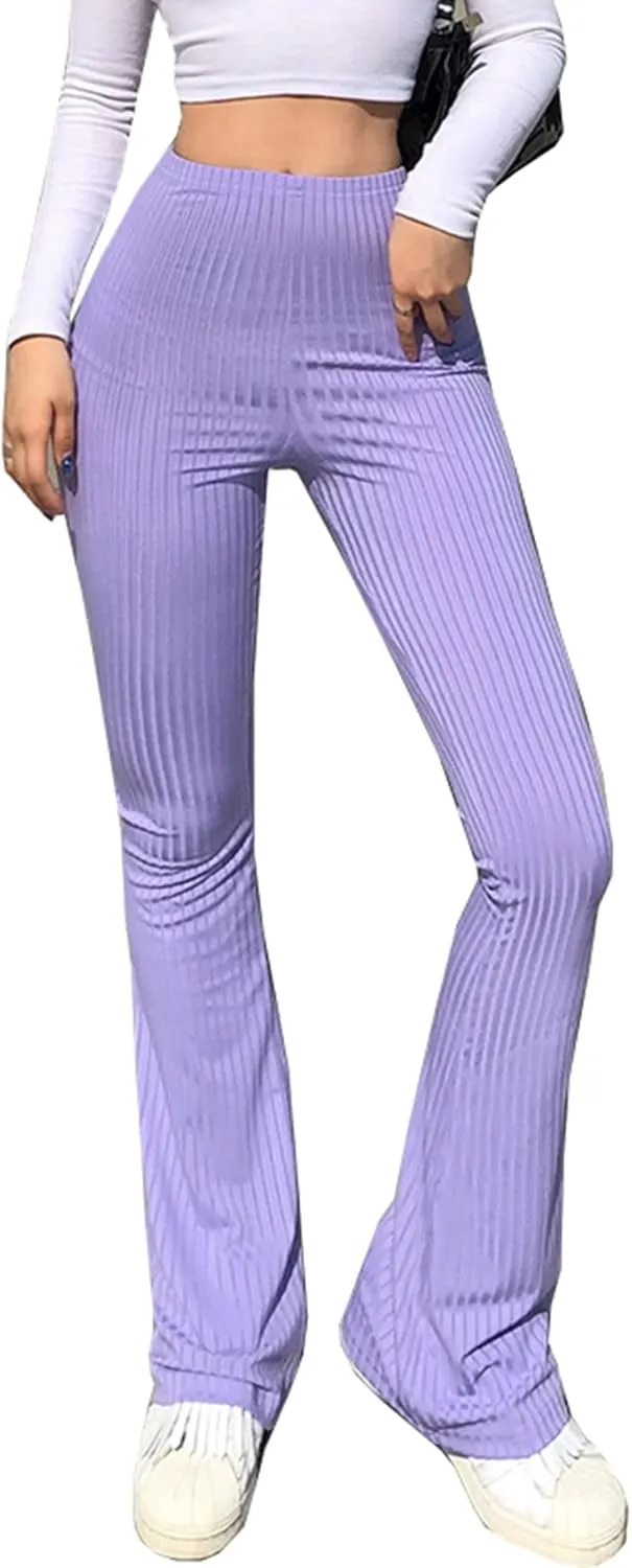 Flare Pants for Women Ribbed Stretch Leggings High Waisted Bell Bottom Yoga Lounge Trousers Y2K Pants