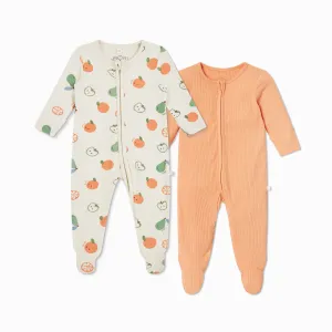 Fruit Print & Ribbed Clever Zip Sleepsuit 2 Pack