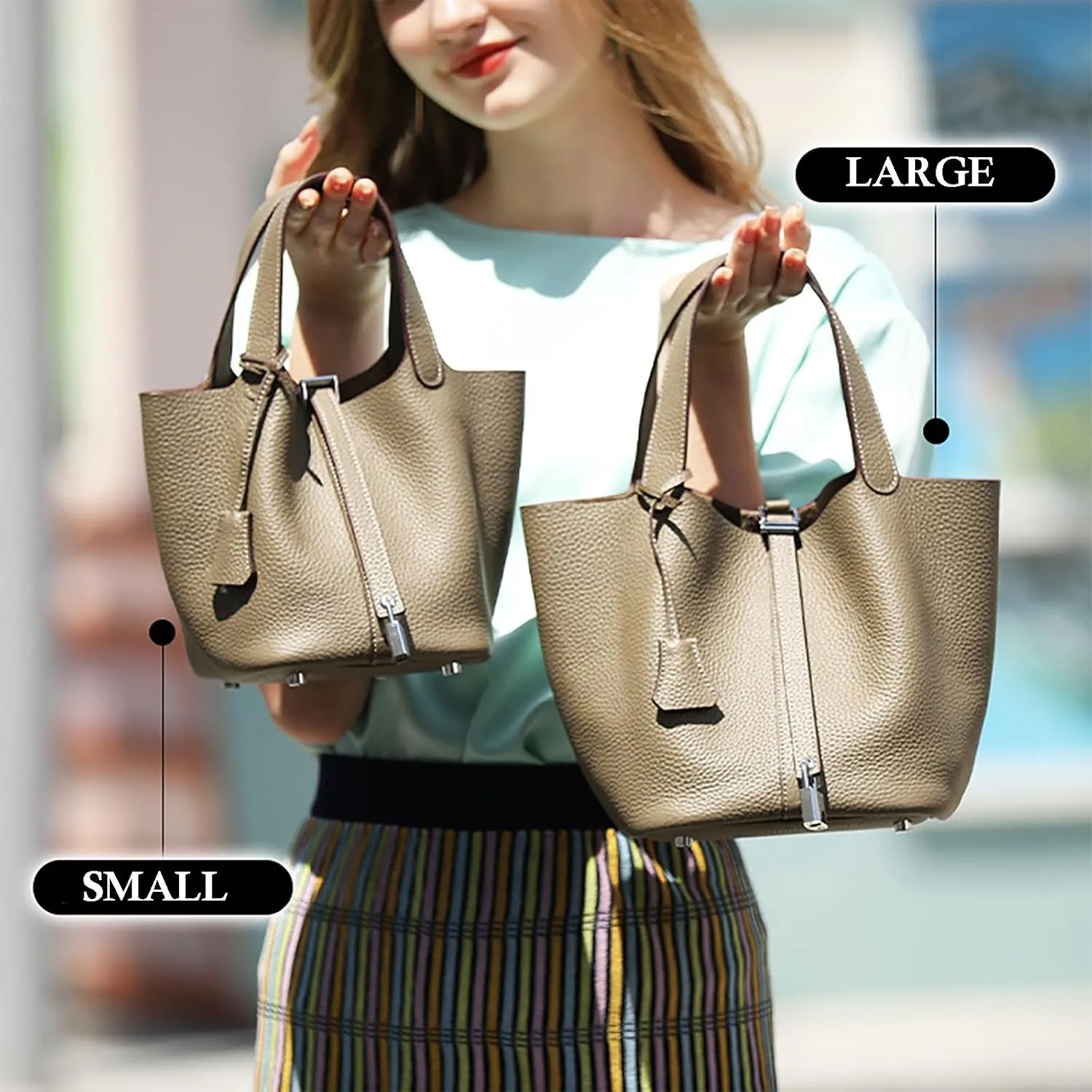Genuine Leather Soft Bucket Bag for Women Fashion Lock Design Handbags Vegetable Basket Satchel with Top Handle Bags(Green (Gold Lock),Large)
