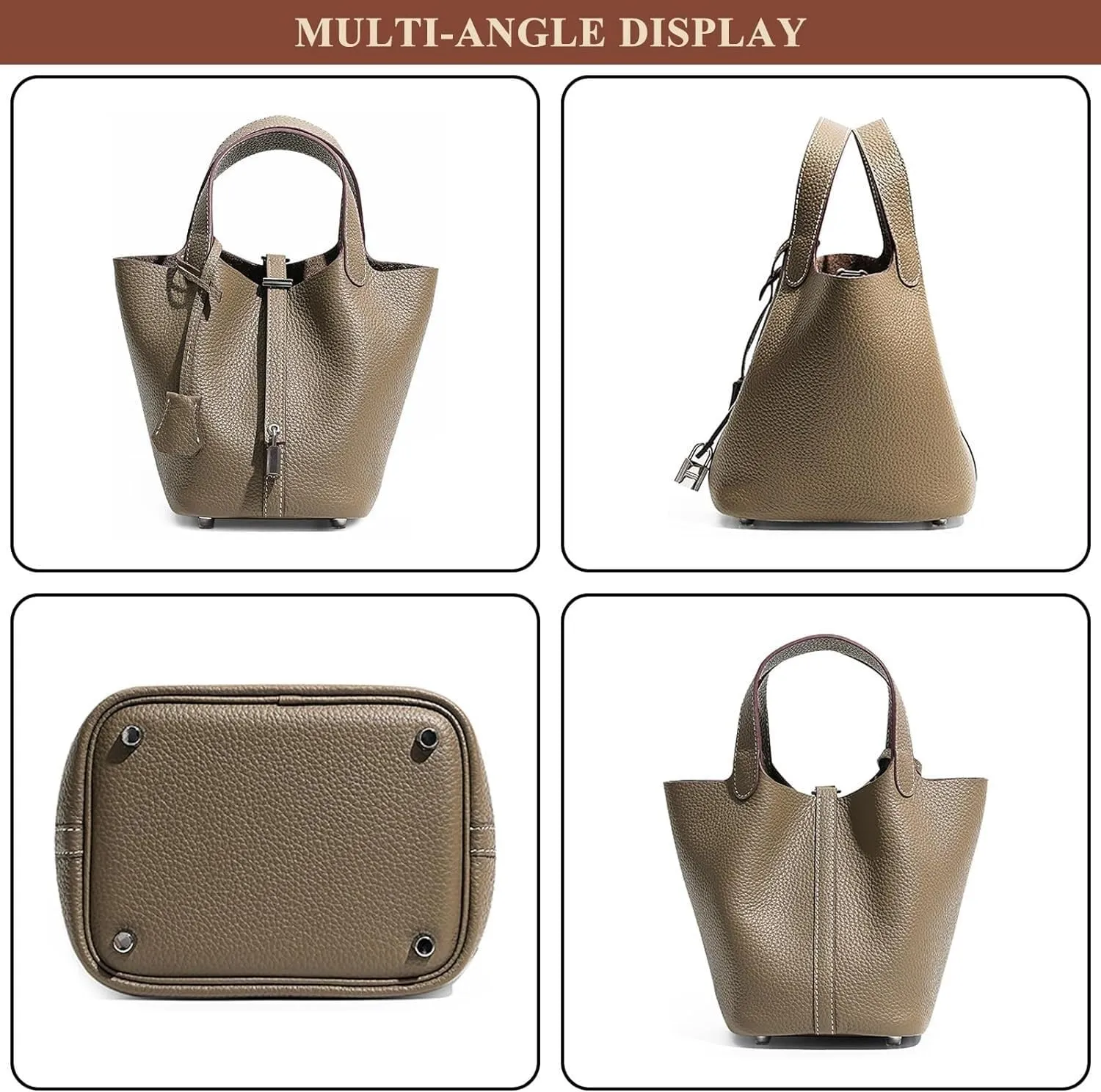 Genuine Leather Soft Bucket Bag for Women Fashion Lock Design Handbags Vegetable Basket Satchel with Top Handle Bags(Green (Gold Lock),Large)