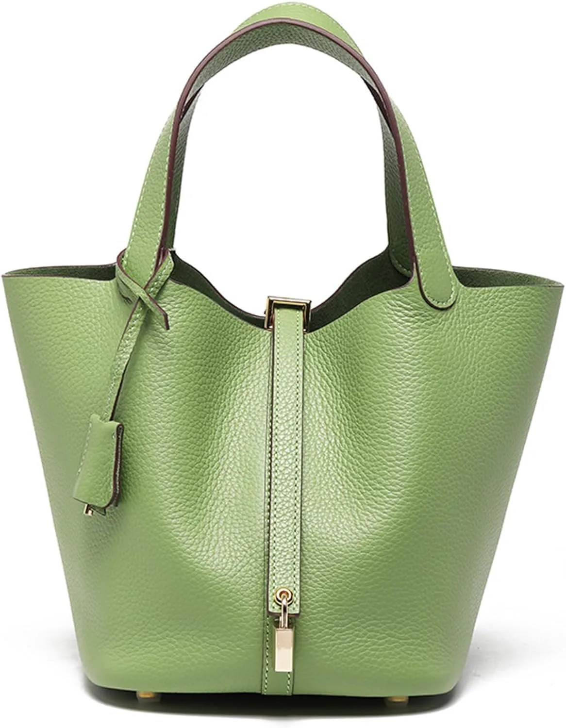 Genuine Leather Soft Bucket Bag for Women Fashion Lock Design Handbags Vegetable Basket Satchel with Top Handle Bags(Green (Gold Lock),Large)