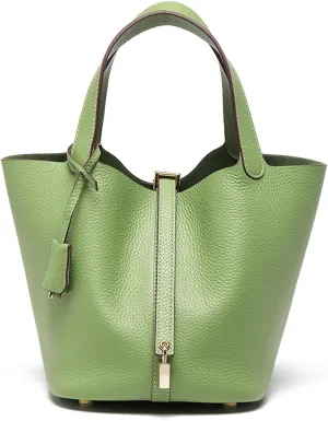 Genuine Leather Soft Bucket Bag for Women Fashion Lock Design Handbags Vegetable Basket Satchel with Top Handle Bags(Green (Gold Lock),Large)