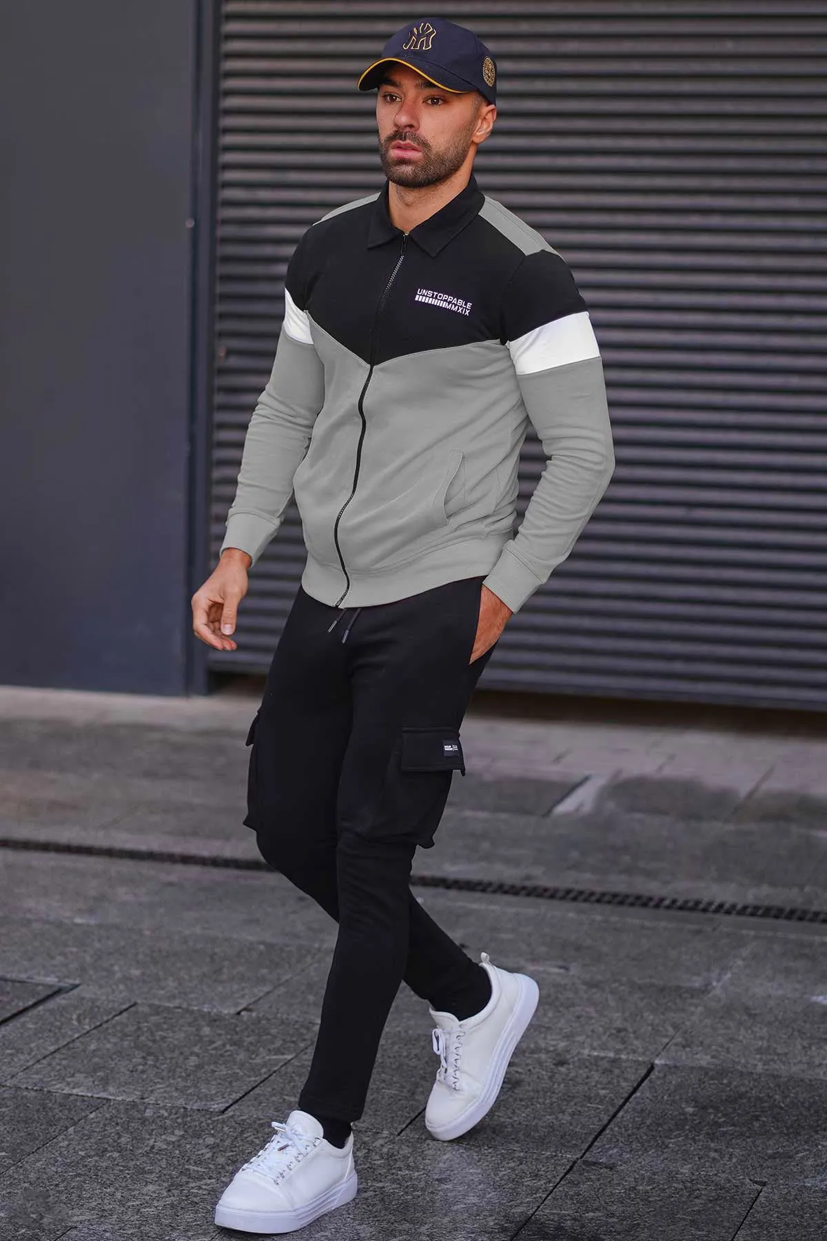 Grey Contrast Panelled Zipper Jacket - W23 - MJ0016R