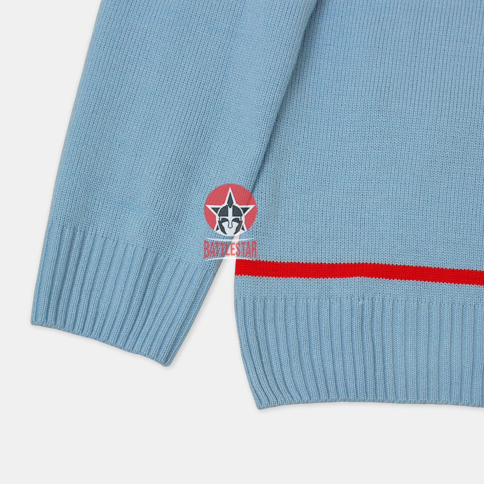 Handmade Unisex Jacquard Knitted Sky Blue & Red Cardigan School College Graduation Greek Sweater